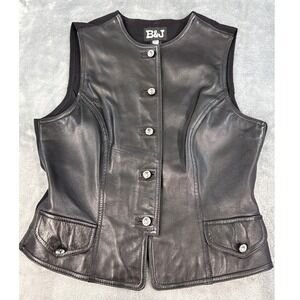 B&J Vest Womens Black Leather Crystal Button Front Flap Pocket Medium B & J